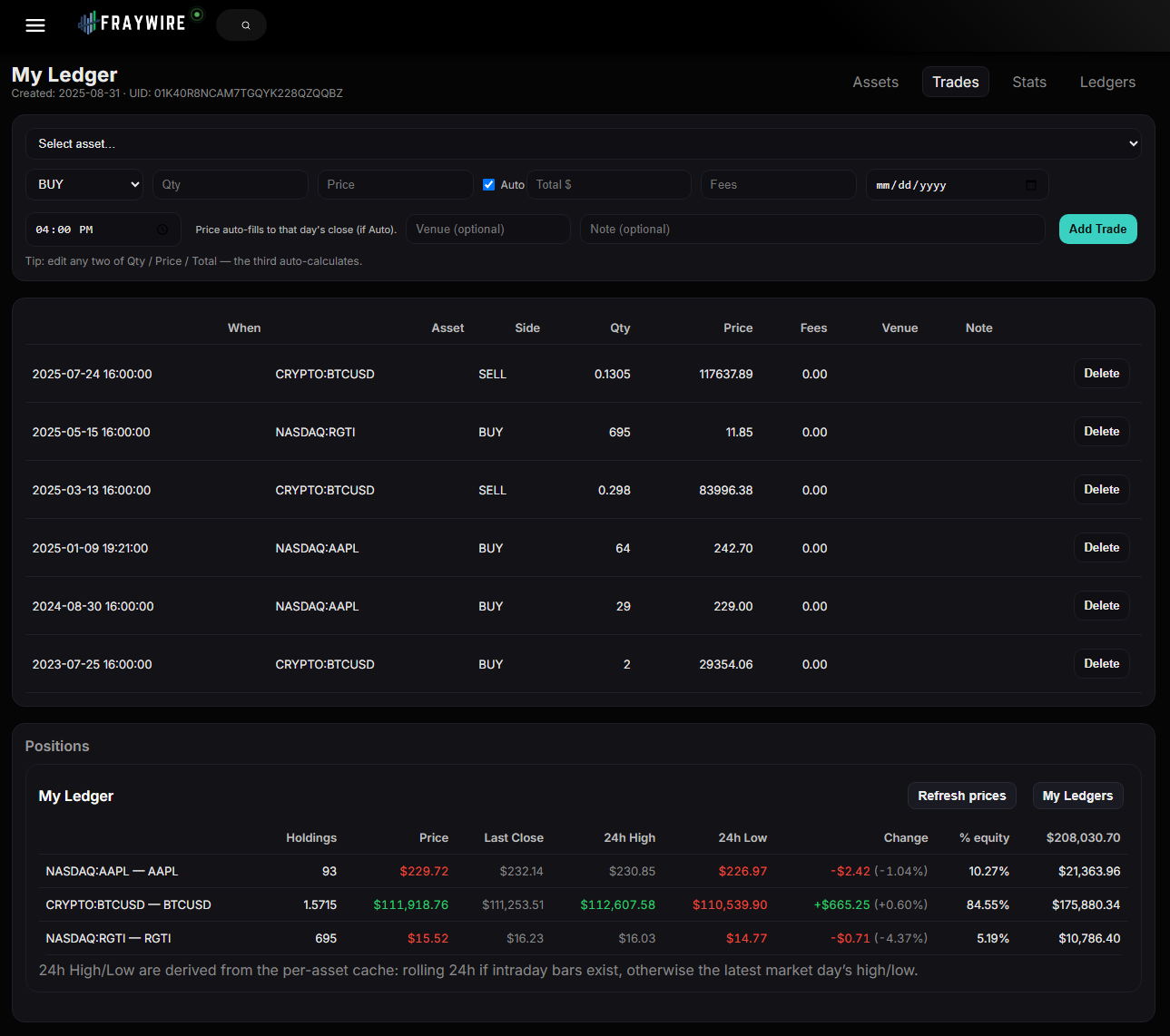 Ledgers — portfolio & trade tracker