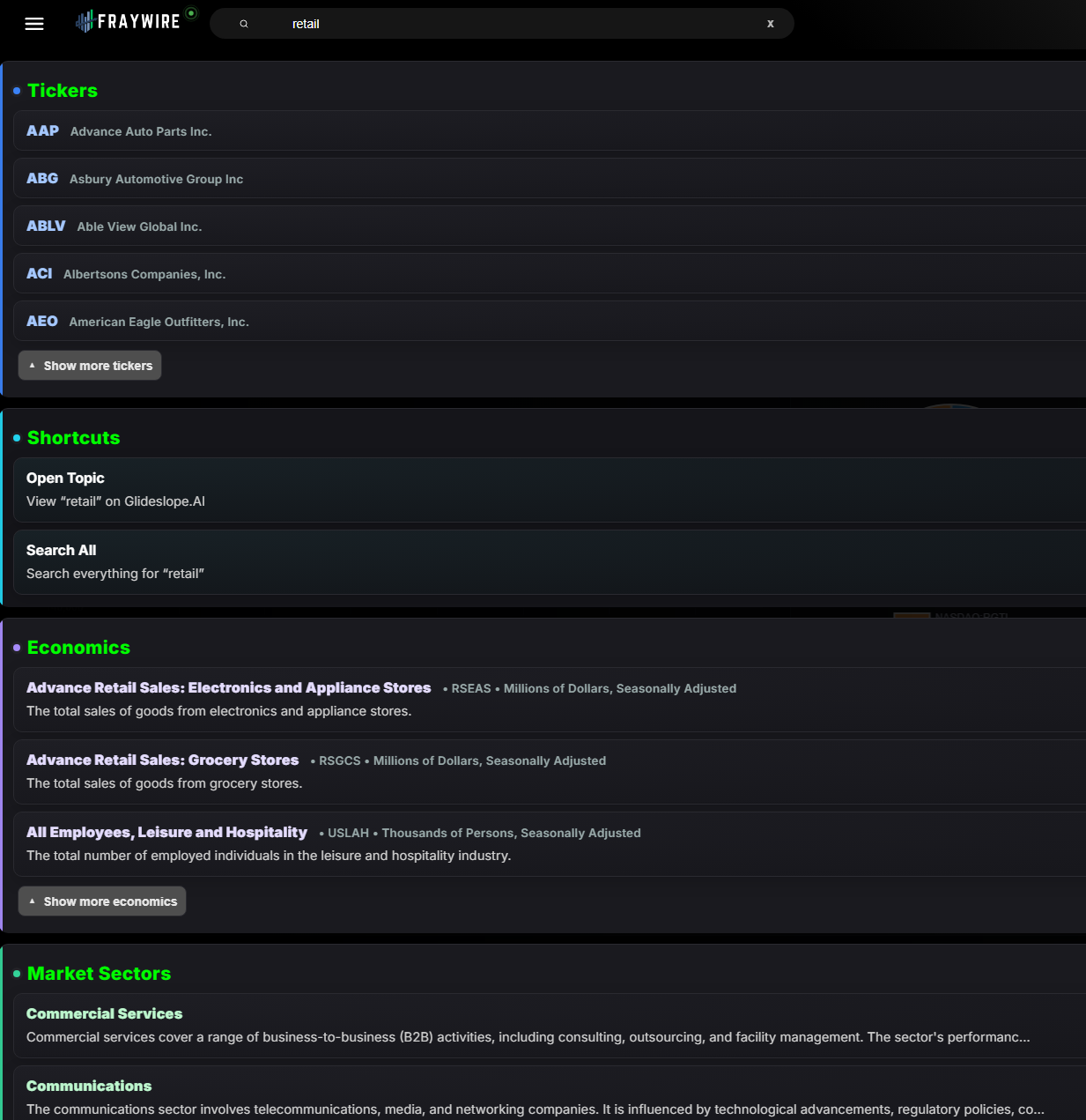 Search tray with tickers, economics, and sectors